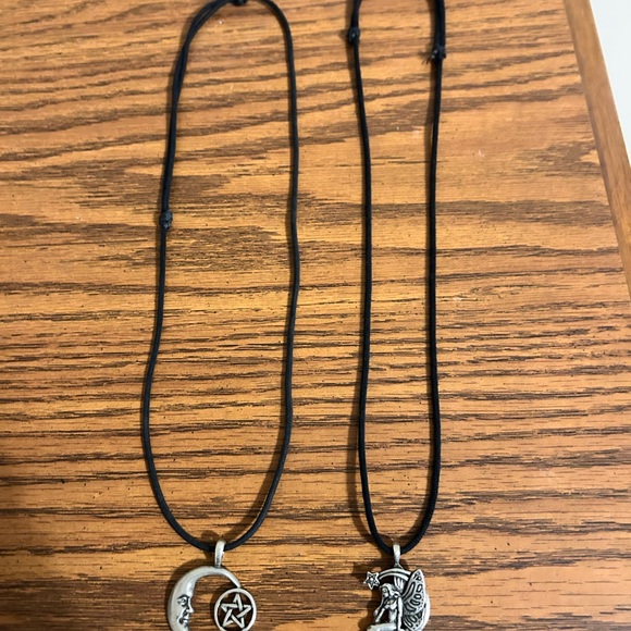 none Jewelry - Two Stainless Steel  Moon and Fairy Pendant Necklace On Black Cord